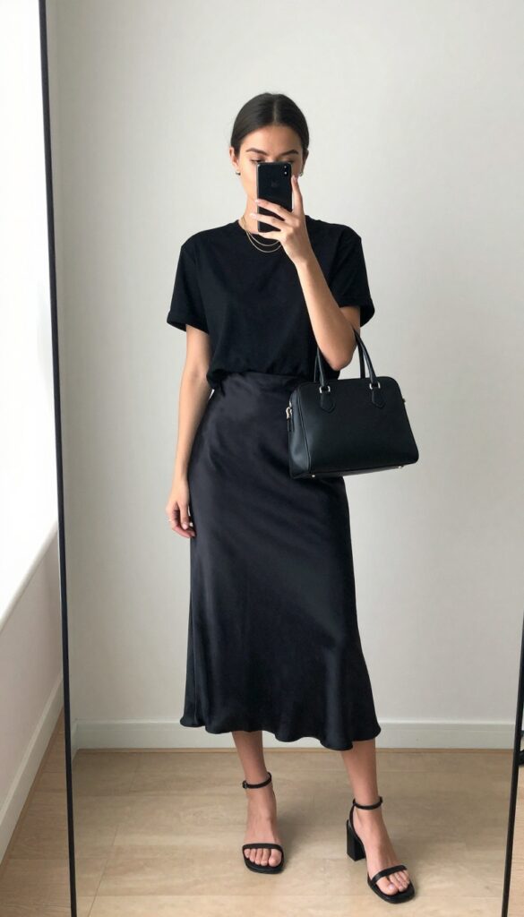 Woman in black cropped tee and black satin midi skirt taking a mirror selfie, with chunky sandals and structured mini bag, in bright natural light.