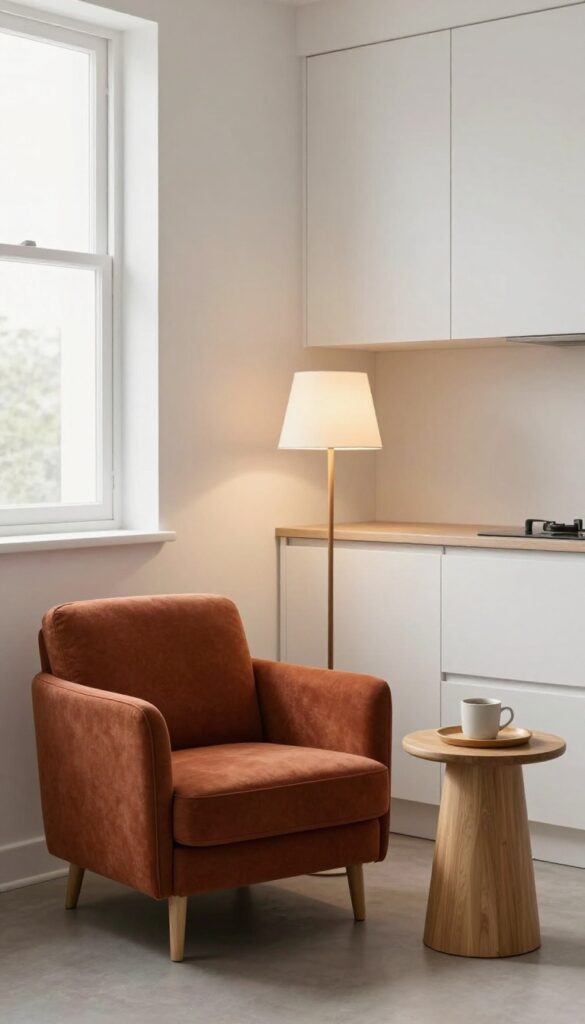 Cozy kitchen corner with rust armchair, side table, and floor lamp