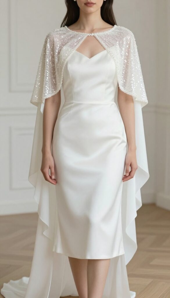 Adult woman in pearl white satin wedding dress with sequin-edged cape, standing in softly lit ballroom, looking back over shoulder, subtle sparkle.