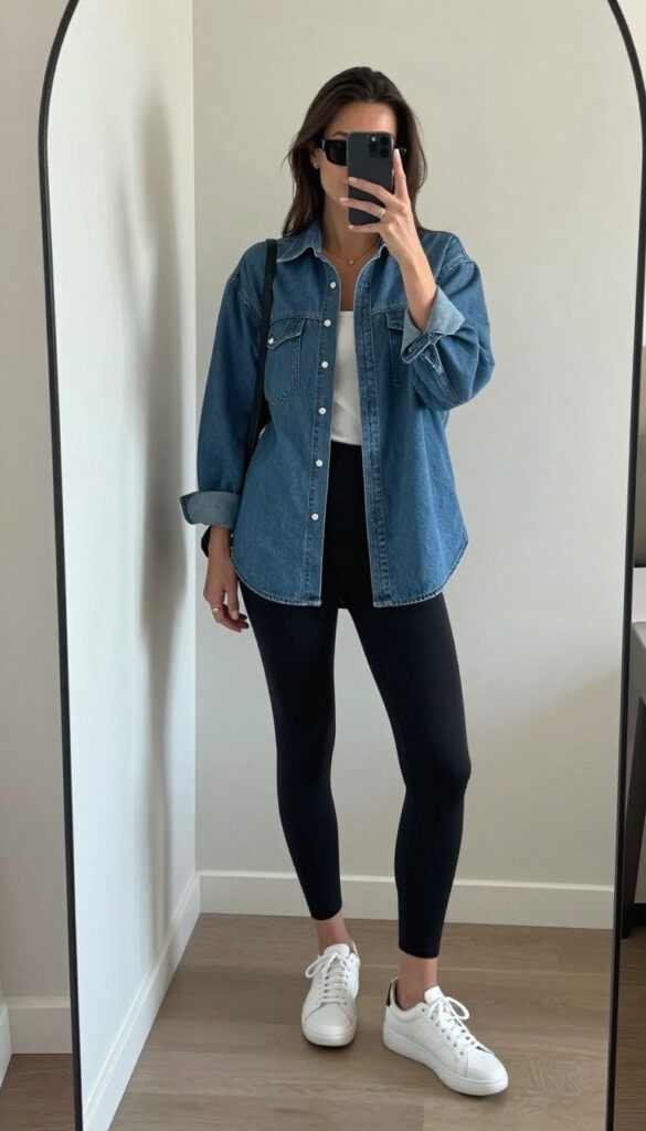 Woman in denim shirt and black leggings taking a mirror selfie, casual chic outfit.