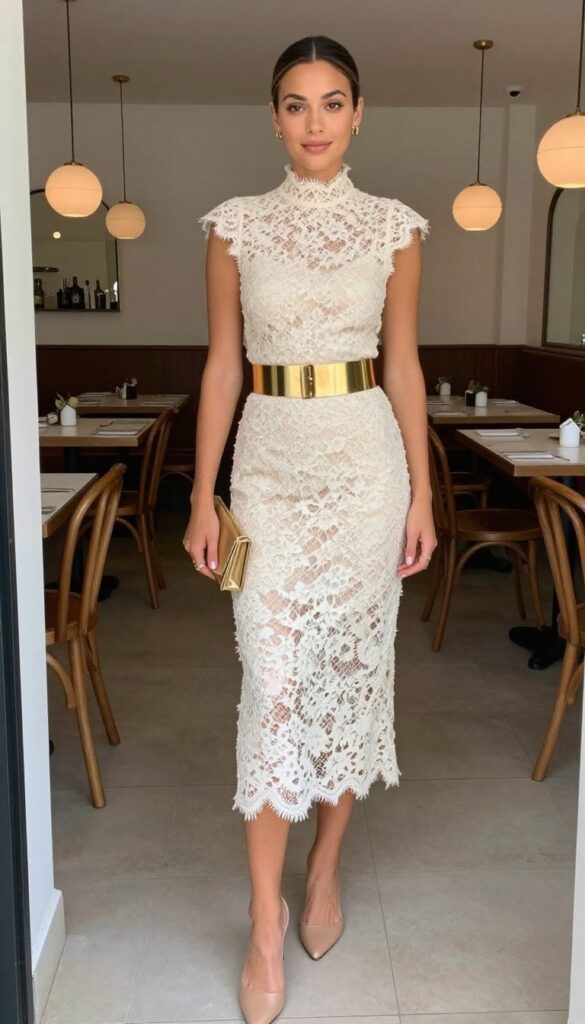 Woman in high-neck lace dress with gold belt and nude heels, holding clutch in warm indoor setting.