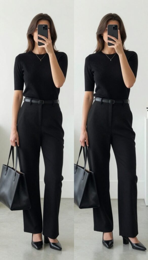 Woman in all-black business casual outfit: black knit top tucked into high-waisted wide-leg trousers with a belt, block heels, tote bag, and layered necklace, taking a mirror selfie in a bright office setting.