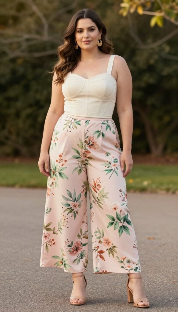 Woman in floral jumpsuit with ivory corset and statement gold earrings, standing in garden during golden hour.