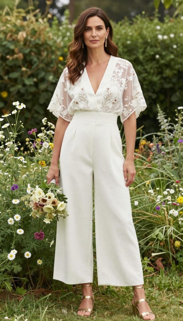Woman in boho wedding jumpsuit with floral kimono in garden