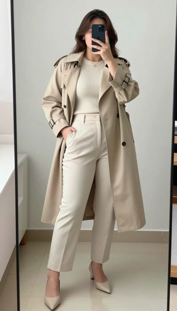Woman in cropped knit top and high-waisted trousers with trench coat, posing in office setting.