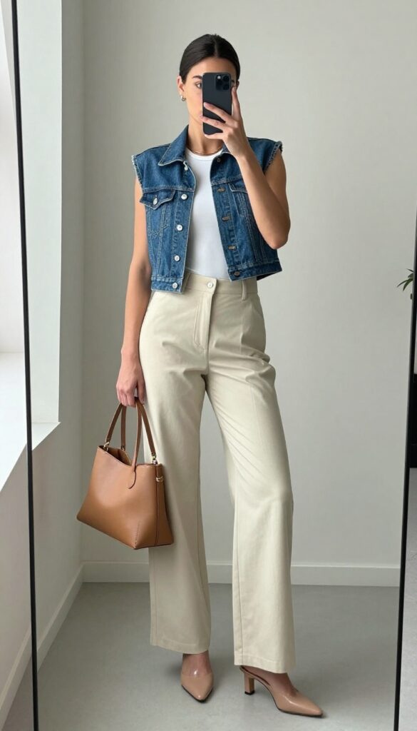 Woman in cropped denim vest and wide-leg pants taking a mirror selfie, showcasing a balanced summer outfit.