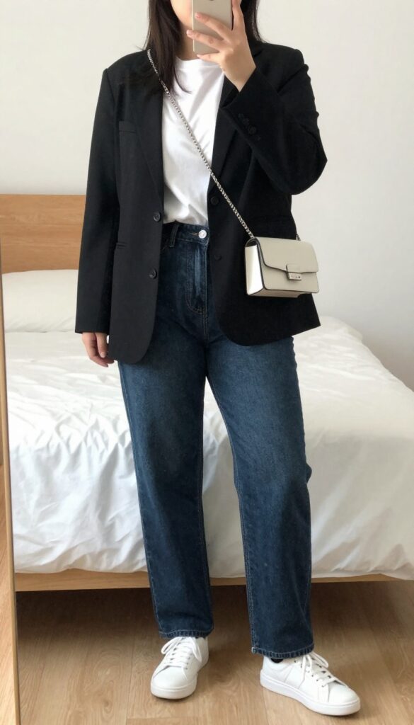 Black blazer over white tee and dark jeans with white sneakers, chain-strap bag, smart-casual outfit