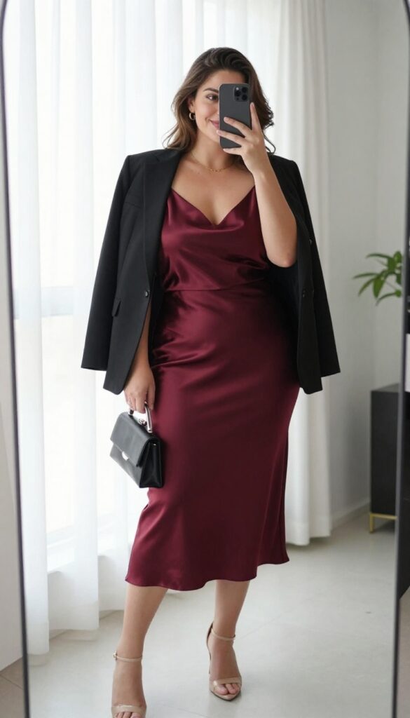 Plus-size woman in a burgundy satin slip dress with a black blazer and nude heels, posing near a window.