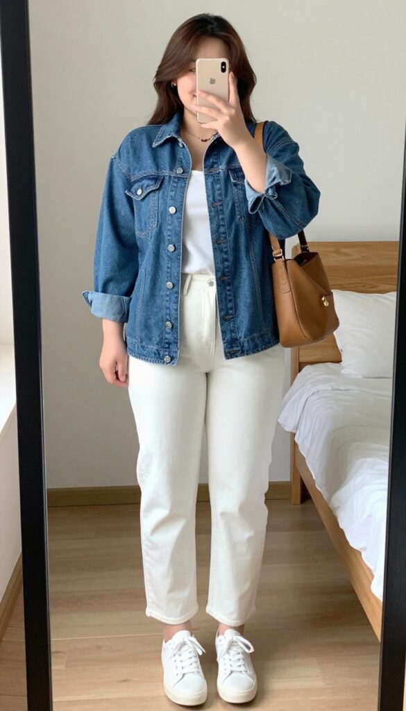 Woman in light wash denim jacket, chambray shirt, white jeans, white sneakers, and tan crossbody bag.