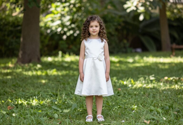 Little girl in white satin dress with floral bow in garden