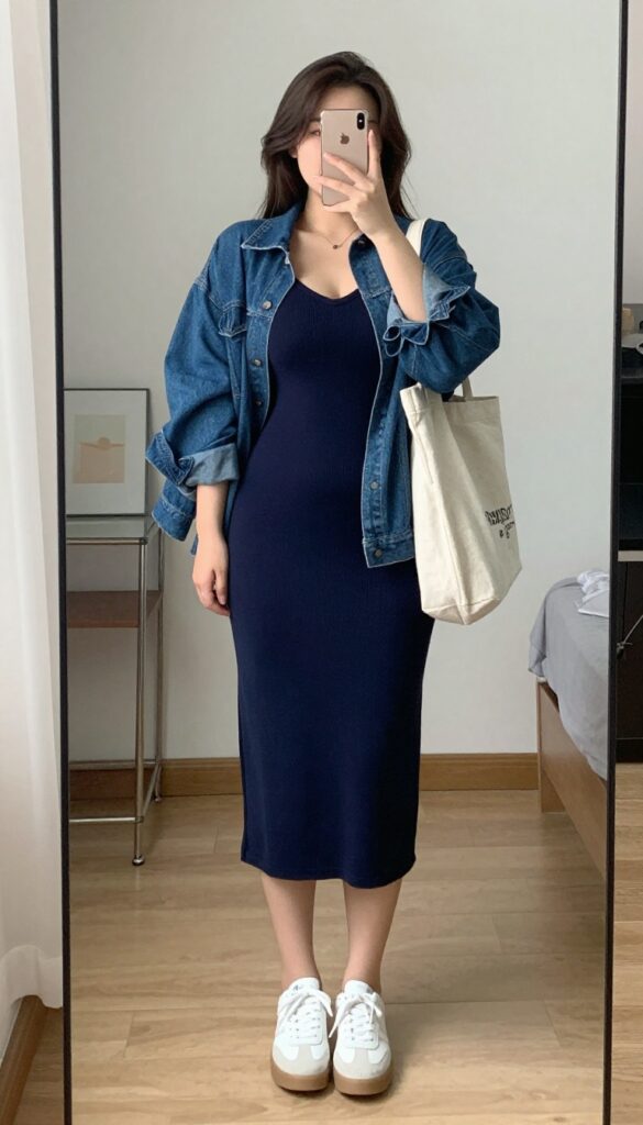 Plus size woman in denim jacket over jersey knit dress with sneakers, mirror selfie