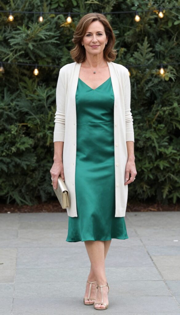 Petite woman over 50 in emerald slip dress and cream cardigan at evening wedding
