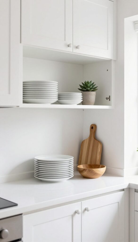 Open shelving on a single upper kitchen cabinet with white dishes, a cutting board, a succulent, and a wooden bowl in a bright, clean kitchen.