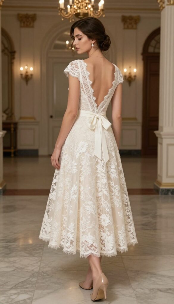 Woman in A-line lace wedding dress with oversized bow back, pearl studs, nude pumps, in grand ballroom with chandeliers