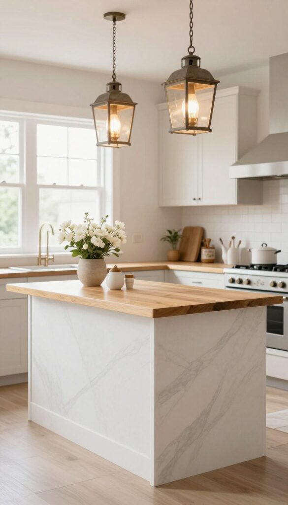Bright kitchen with marble-topped central island, birch wood slab, hanging lanterns, and flower pot decor