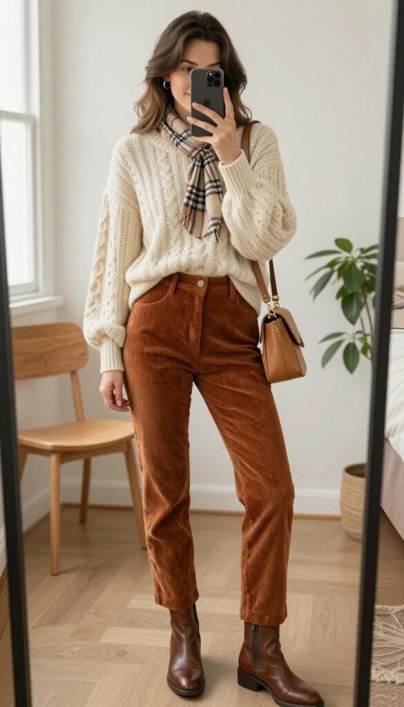 A woman takes a mirror selfie wearing high-waisted rust corduroy pants, a cream vintage sweater, and brown ankle boots, with a tan crossbody bag and plaid scarf, in a cozy fall outfit.