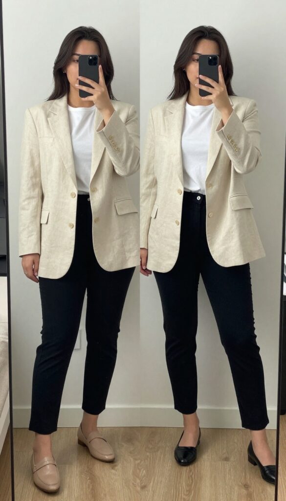 Woman in cream blazer, white tee, and black trousers, standing in an office or neutral setting.
