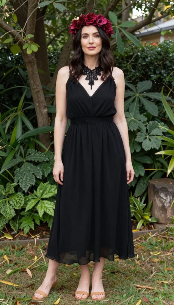 Woman in black empire waist chiffon dress with flower crown at dusk
