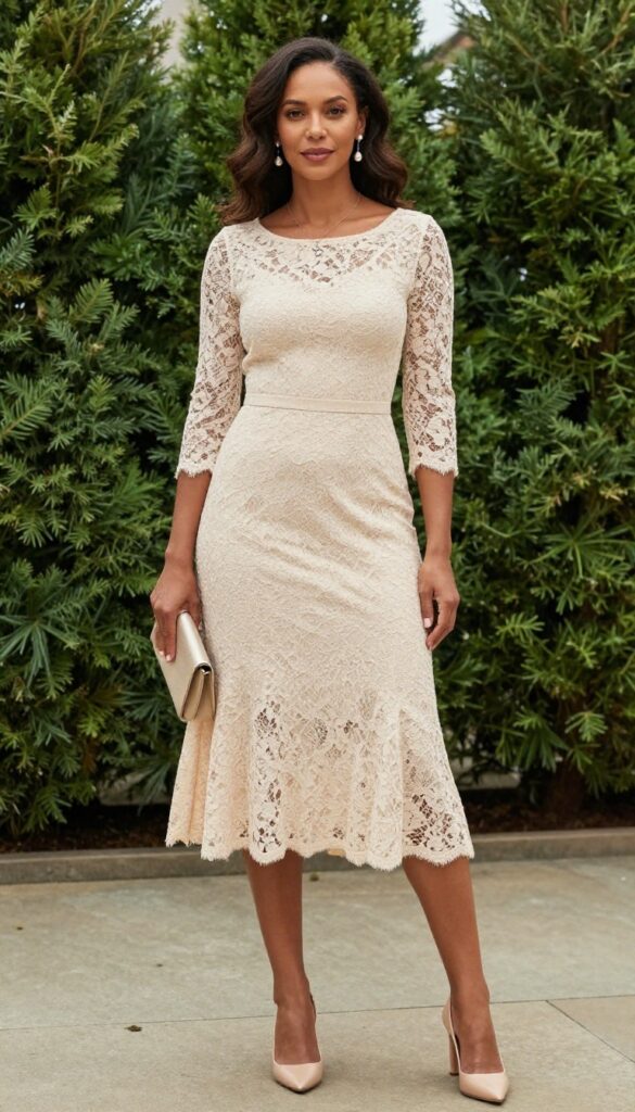 A woman with warm brown skin wearing an ivory lace fit-and-flare midi dress in a sunlit garden, accessorized with pearl earrings and nude block heels.