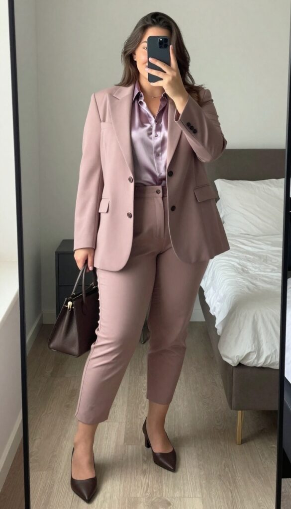 A woman in an oversized blazer, silk shell, and cropped pants, posing in a mirror selfie, phone partially covering her face.