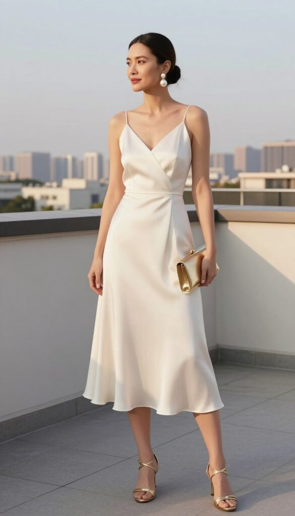 Woman in ivory satin slip dress with statement earrings on rooftop terrace at sunset