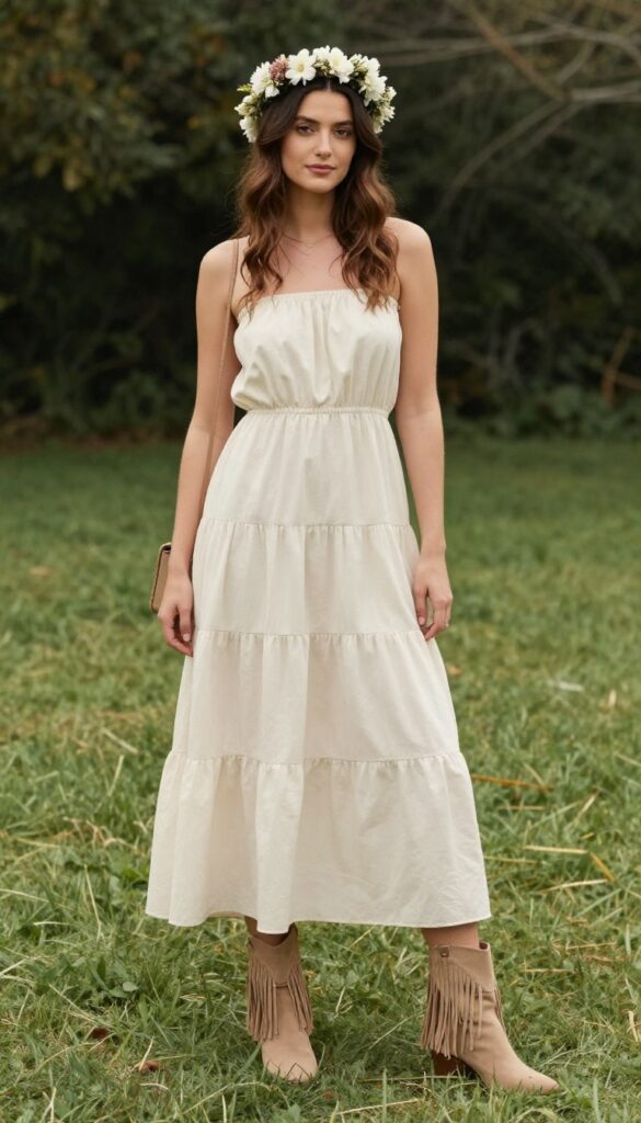 Woman in ivory off-shoulder tiered maxi dress with fringe ankle boots and flower crown, standing in grassy outdoor setting, smiling gently.