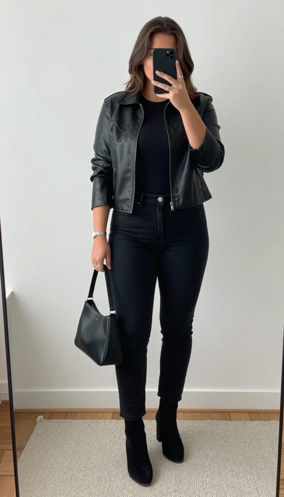 Plus-size model in all-black outfit with high-waisted jeans, fitted bodysuit, leather jacket, and ankle boots, taking a mirror selfie in a bright room.