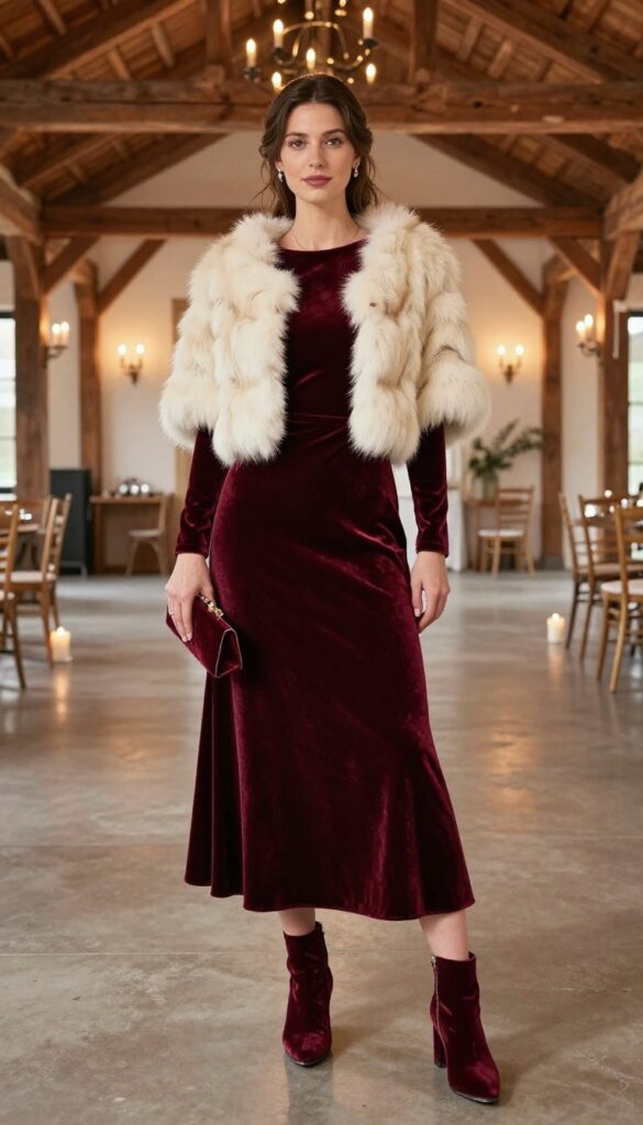 Woman in burgundy velvet A-line wedding dress with long sleeves, cream fur stole, ankle boots, and clutch, standing in a candlelit winter venue.