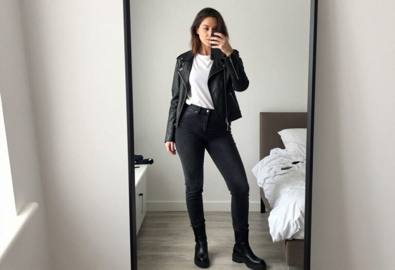 Woman taking a mirror selfie in alt business casual outfit with leather jacket, white tee, jeans, and chunky boots.