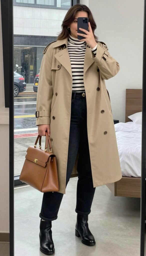 Woman in black jeans, striped turtleneck, and trench coat, holding a structured tote, standing in the rain.