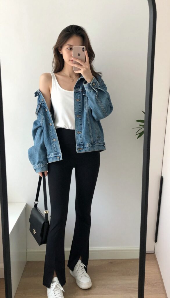 Woman in black flared leggings, white tank top, light denim jacket, and white sneakers, taking a mirror selfie with phone partially covering face, casual summer outfit.