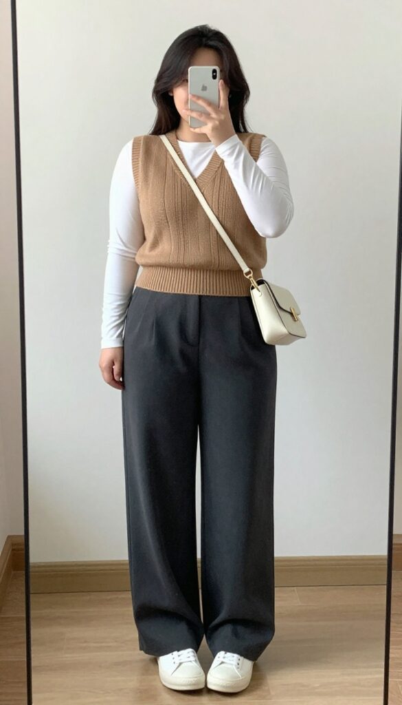 Woman in knit vest and long-sleeve tee with wide-leg trousers and sneakers, standing in a casual restaurant.