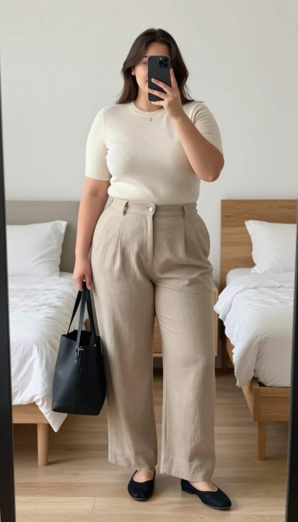A woman wearing a fitted knit top tucked into wide-leg pants and ballet flats, holding a structured tote, in a bright office or café setting.
