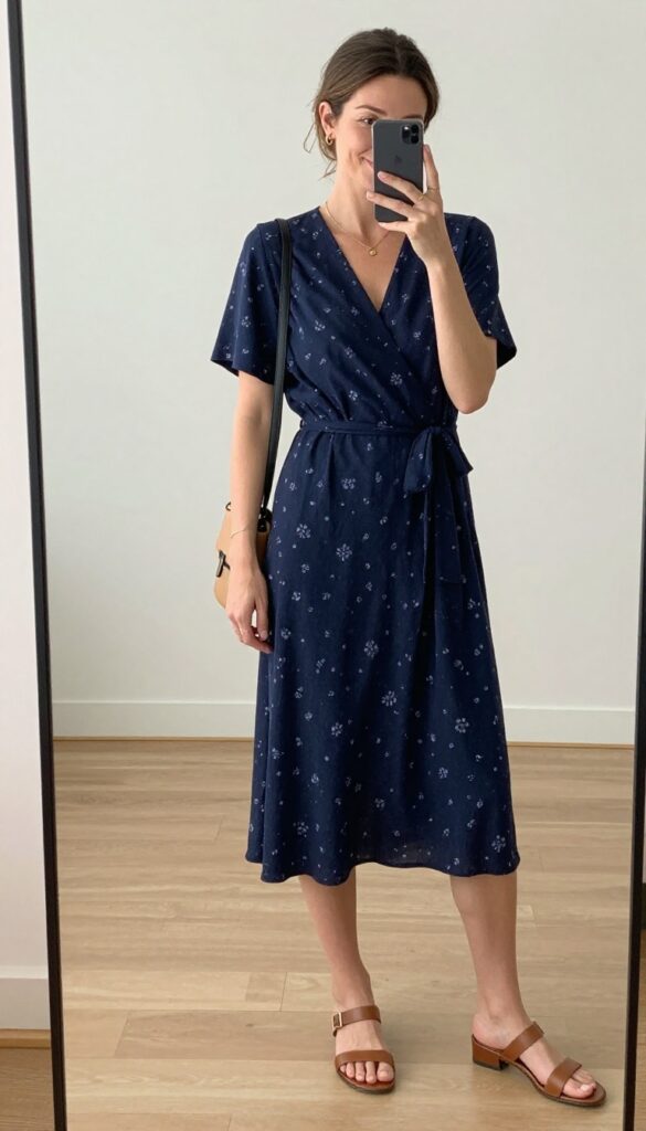 A mom in a floral wrap dress and flat sandals takes a mirror selfie, showcasing an easy everyday outfit.