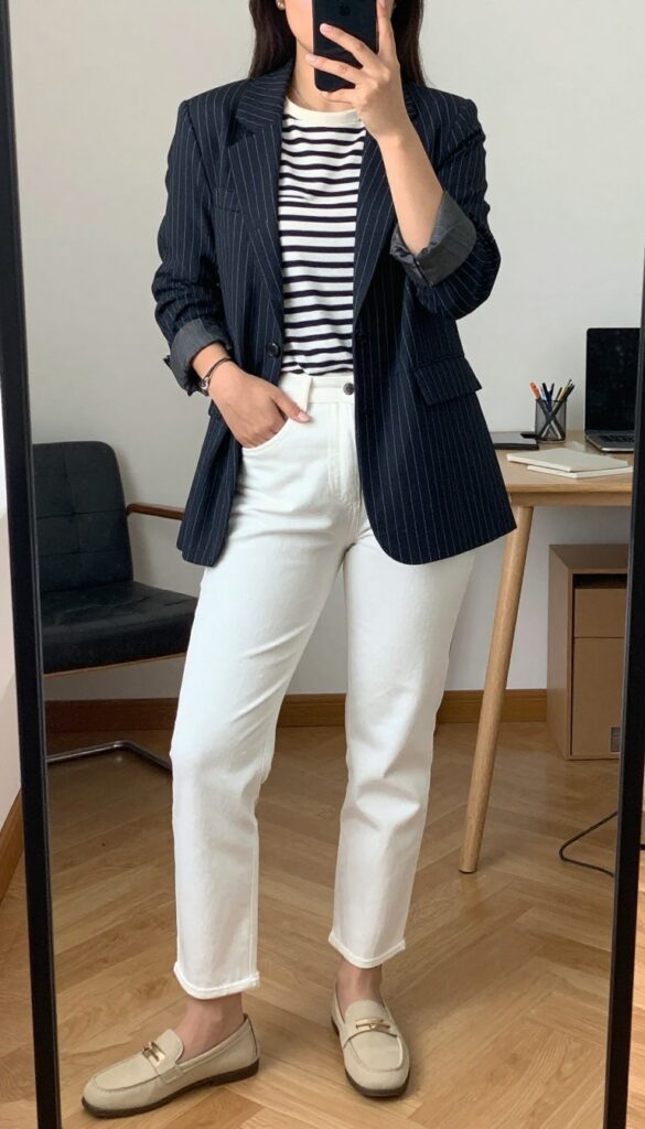 Pinstripe blazer with white jeans and striped tee, business casual outfit