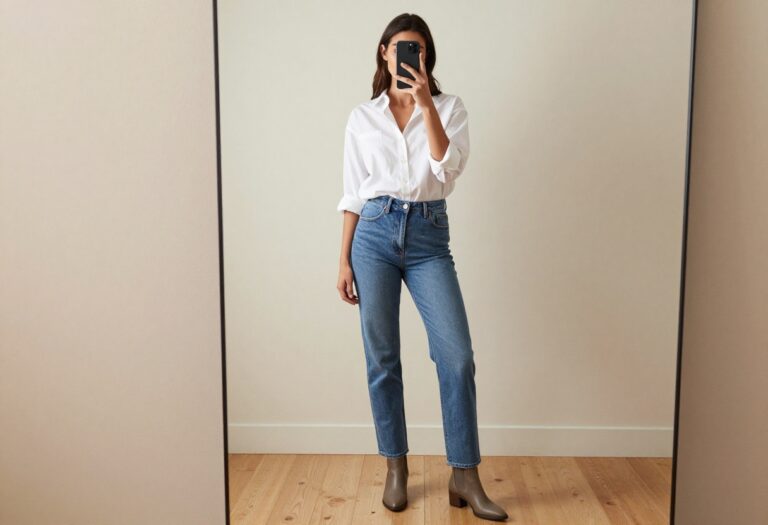 Woman in casual Western outfit: high-rise jeans and white button-down shirt, taking a mirror selfie, phone partially covering face, bright natural light.