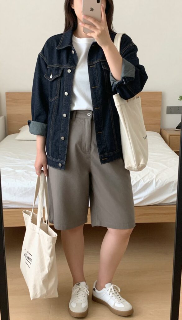 A woman wearing Bermuda shorts, a fitted tee, a dark-wash denim jacket, white sneakers, and a canvas tote, posing in a city setting.