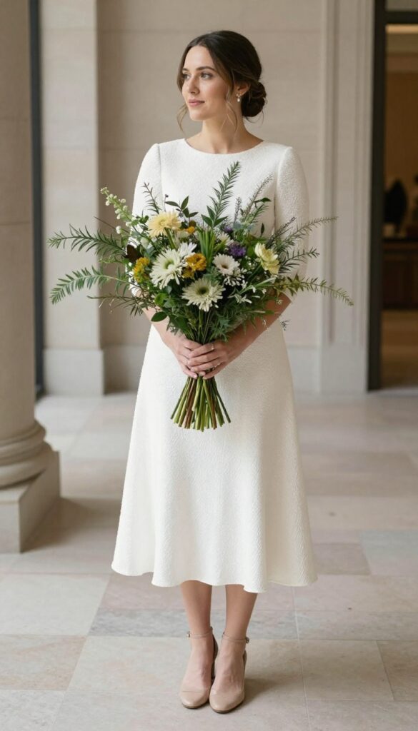 Woman in white crepe fit-and-flare wedding dress with three-quarter sleeves, nude block heels, wildflower bouquet, low bun, natural makeup, standing in city hall lobby.