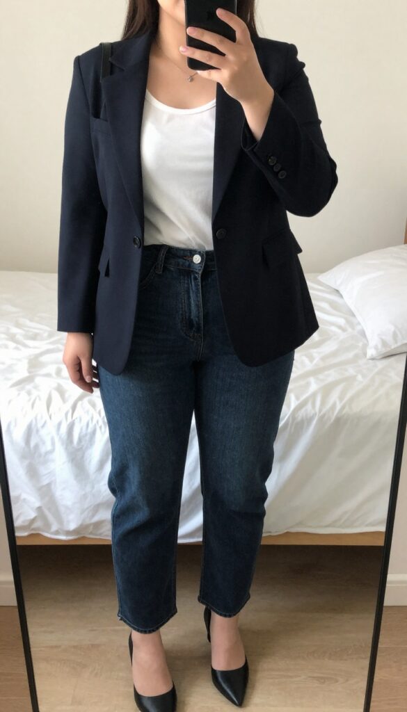 A woman in a cropped blazer, white tee, high-waisted jeans, and heeled mules, taking a mirror selfie in a bedroom.
