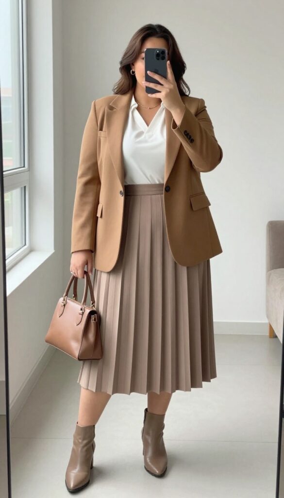 Plus-size woman in a blazer and pleated skirt outfit, taking a mirror selfie. She wears a white blouse, taupe pleated midi skirt, camel tailored blazer, and block heel ankle boots, with a structured handbag.