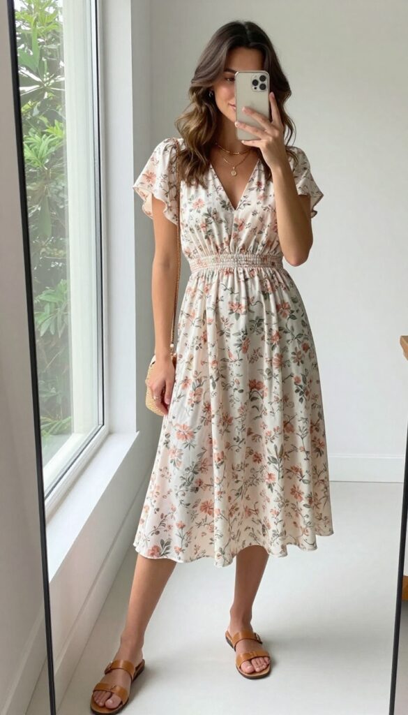 A woman in a floral midi dress and flat sandals takes a mirror selfie in a bright room, showcasing a feminine brunch outfit with a woven bag and delicate jewelry.