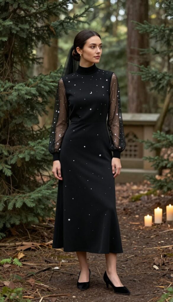 Adult woman in black gothic wedding dress with sheer high neck and long sleeves, standing in a romantic chapel or forest setting.