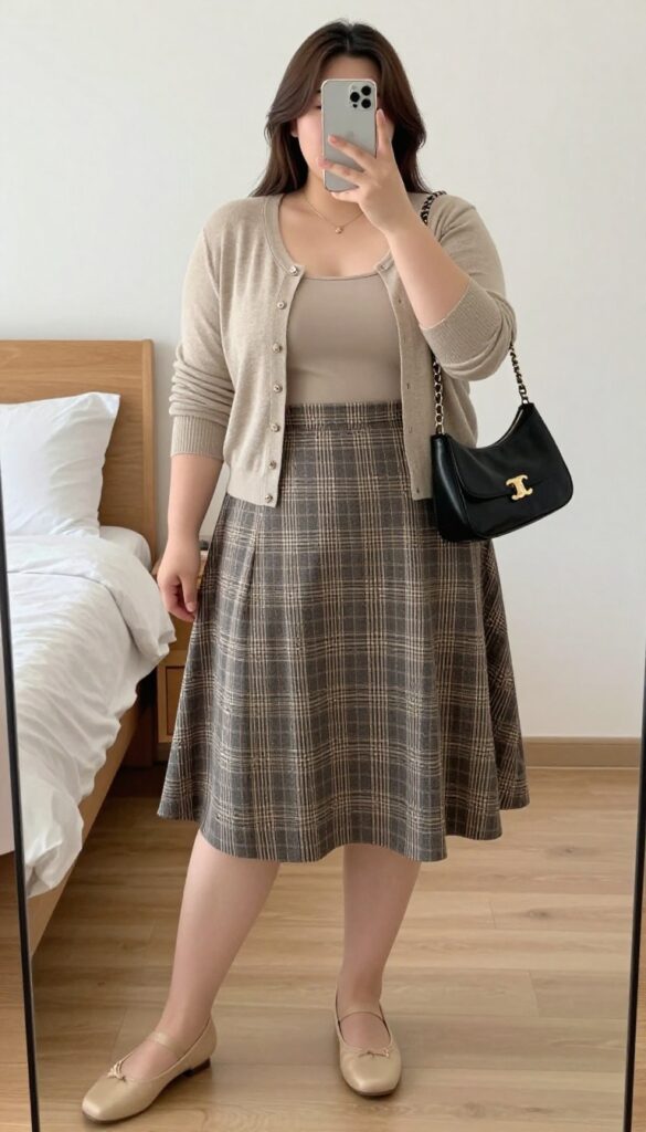 Woman in cropped cardigan and high-waisted plaid A-line skirt, ballet flats, chain-strap bag, delicate necklace, polished and playful look.