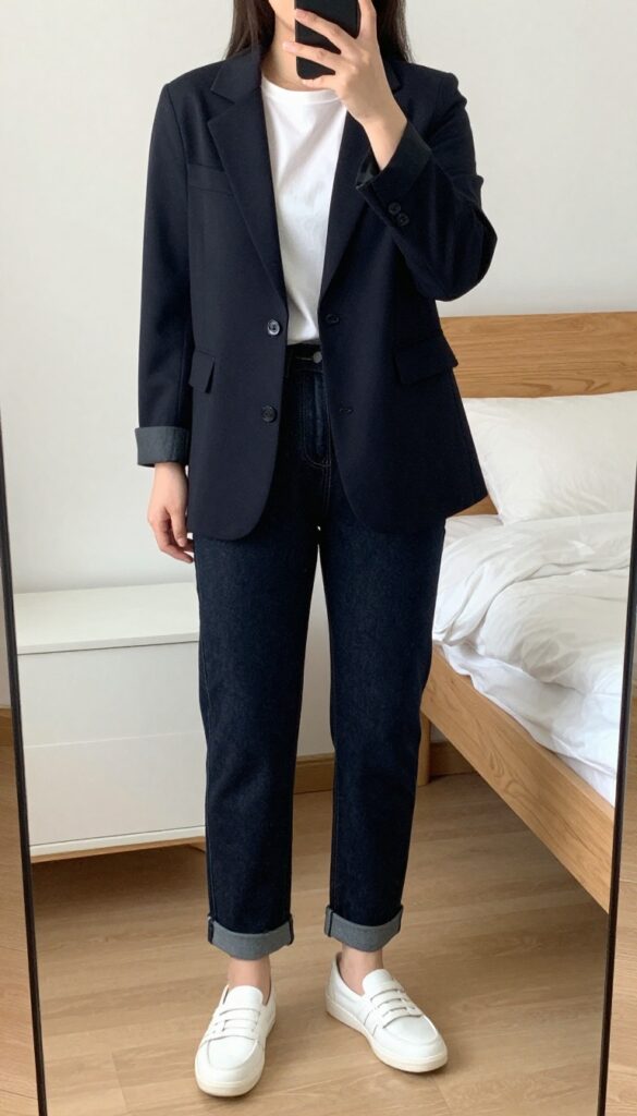 Woman in blazer, white tee, and straight-leg jeans at a coffee shop