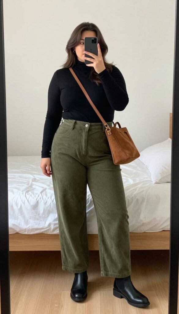 Woman in black turtleneck and olive green wide-leg corduroys with black Chelsea boots and brown suede crossbody bag, taking a mirror selfie in a bedroom.