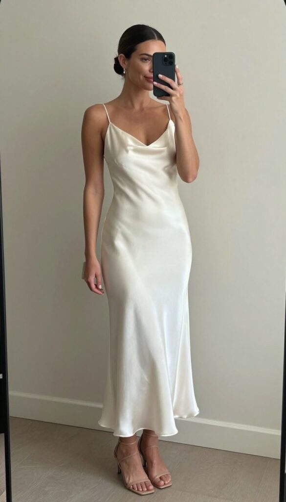 Woman in satin column dress with open back, low bun, drop earrings, nude sandals, and clutch in bright airy room.