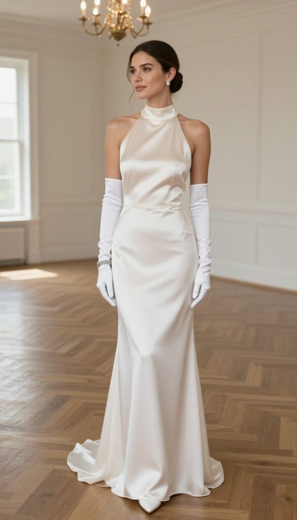 Blush high-neck gown with opera gloves and chignon wedding outfit