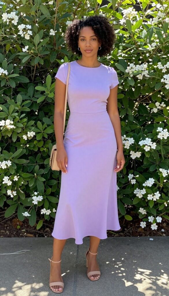 Black woman in pastel A-line dress as wedding guest in garden