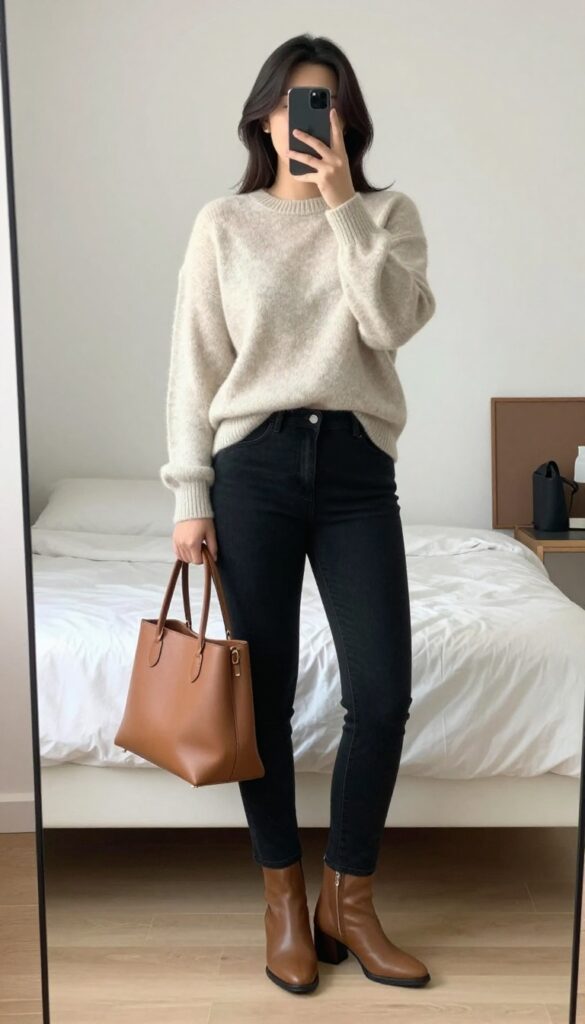 Woman in neutral cashmere sweater, black straight-leg jeans, and heeled ankle boots, holding a tan leather tote, standing in a bright office hallway.