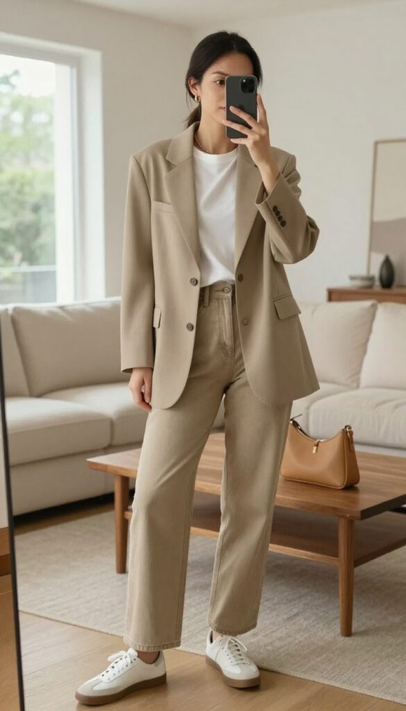 A mom in her 30s takes a mirror selfie wearing a beige oversized blazer over a white tee, straight-leg jeans, and white sneakers, holding a camel structured handbag. Bright natural light, modern living room setting.